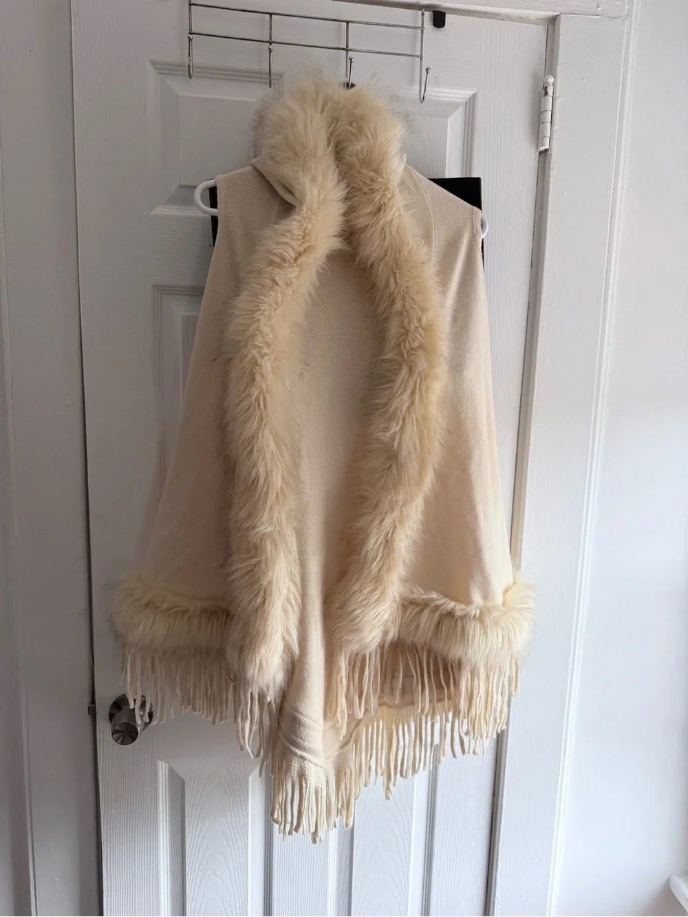 Cream Faux Fur Trim Fringe Poncho